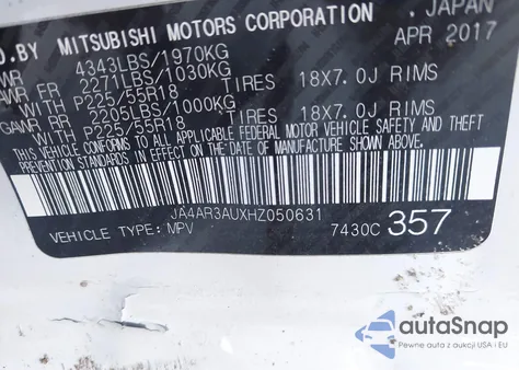 2017 Mitsubishi Outlander Sport 2.0 Es z USA, uszkodzony, nr VIN JA4AR3AUXHZ050631